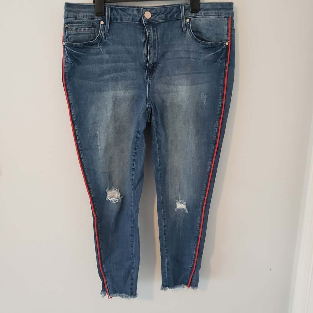 Seven Denim Capri Jeans 18W Blue With Red Stripe Rip Knees Cropped Stretch euc